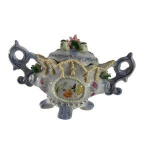 Vintage Ornate Miniature Soup Tureen Lidded Dish Flowers Beading Painted China